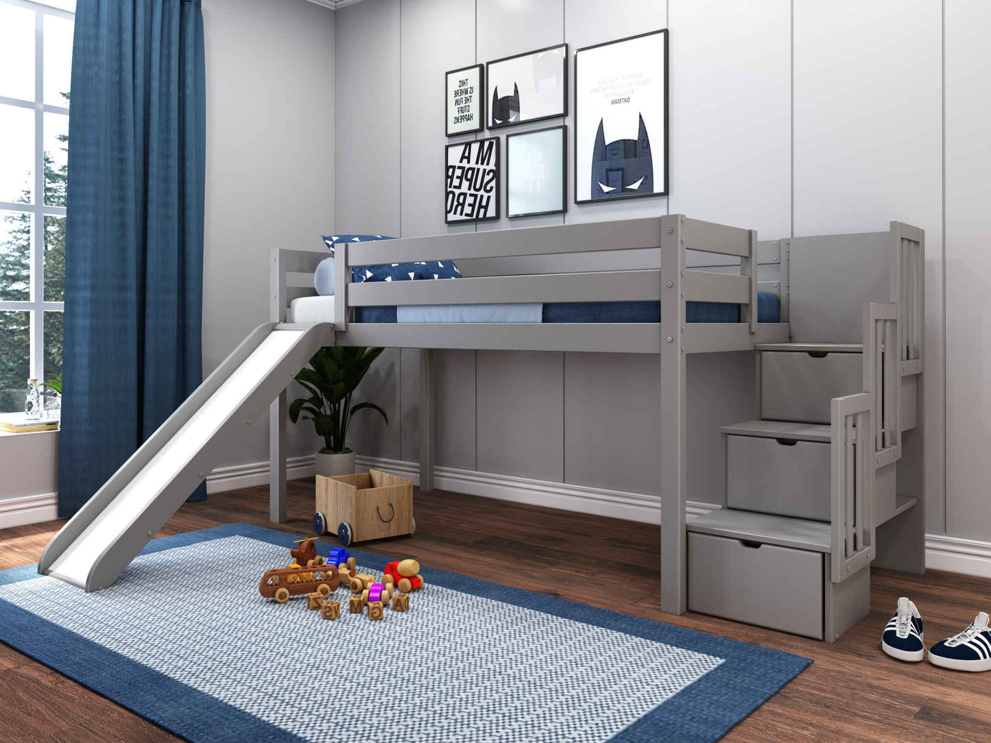 This Low Loft Bed with a stairway and slide in gray will look great in your kids room