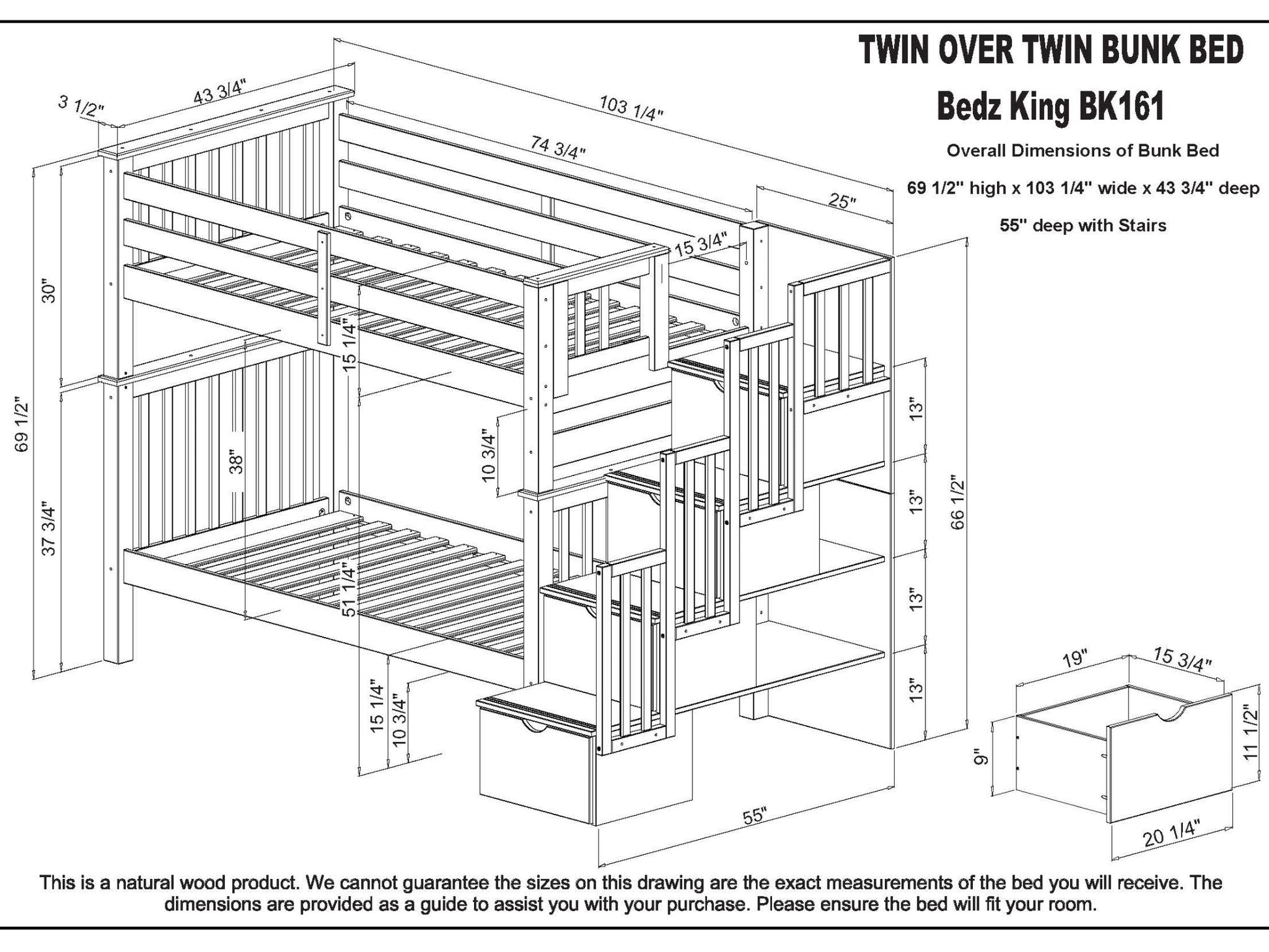 Dimensions for Tall Twin over Twin Stairway Bunk Bed