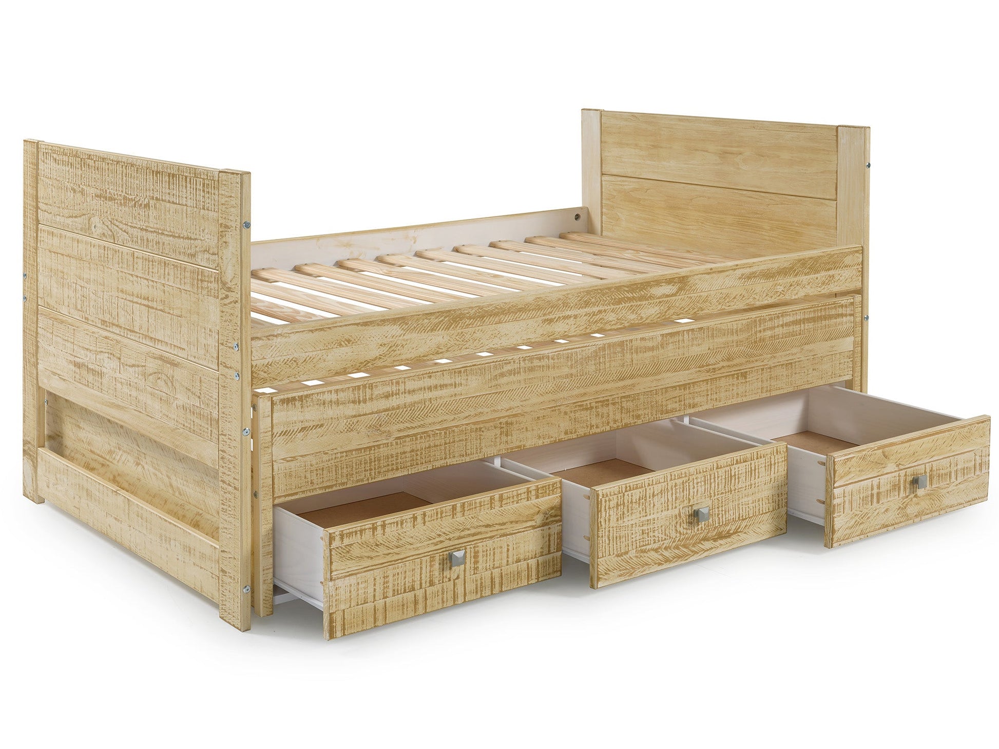 Three drawers are attached to the bed that slide out on metal glides