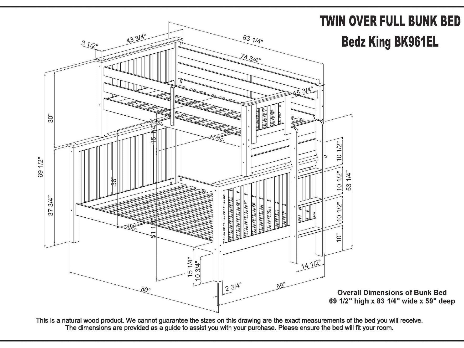 Dimensions for the BK 961EL Twin over Full End Ladder Bunk Bed