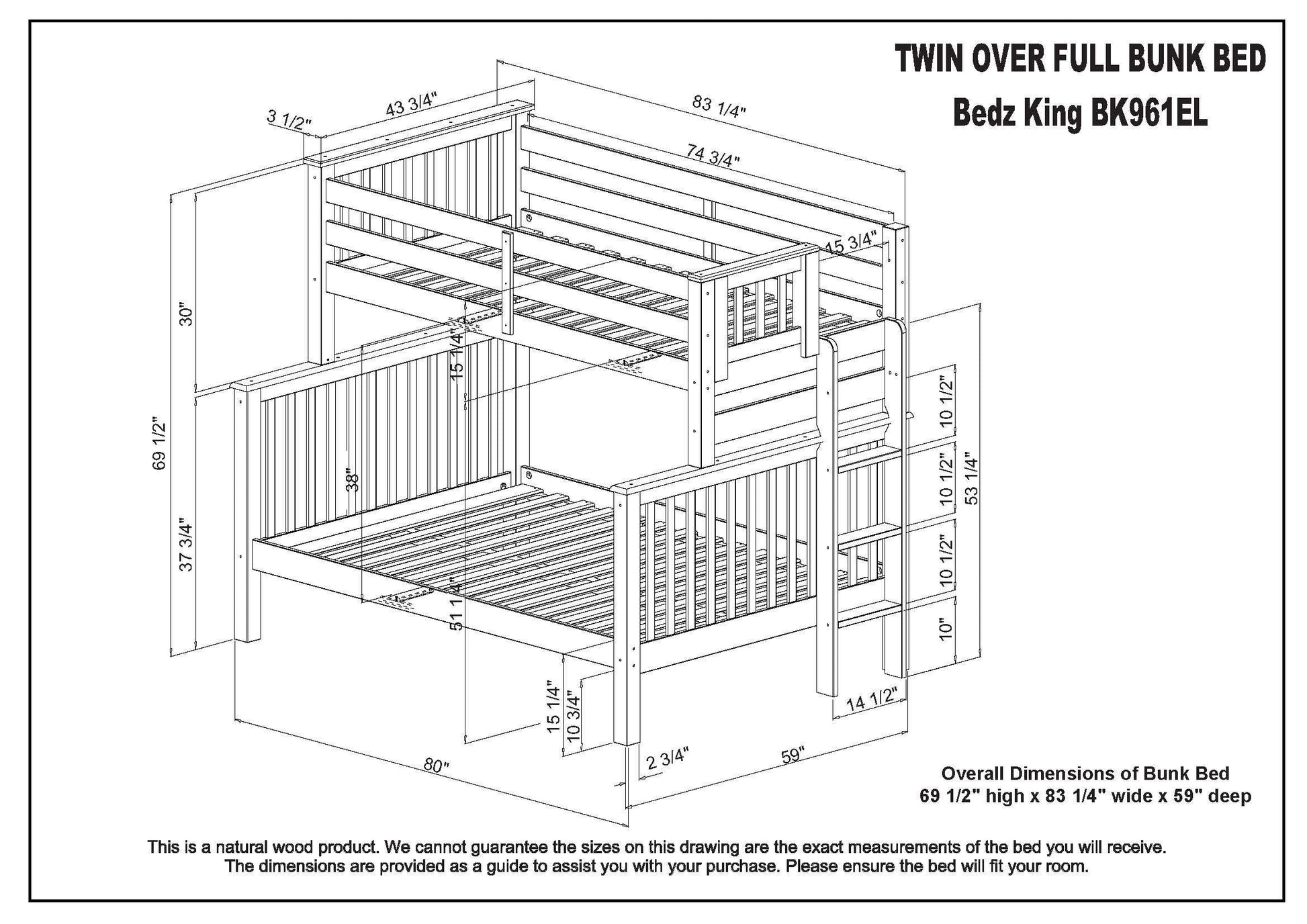 Dimensions for the BK961EL Twin over Full Bunk Bed with End Ladder