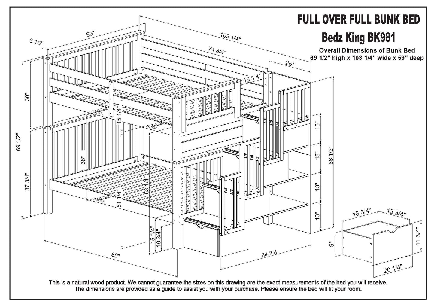 Dimensions for the Bedz King BK981 Full over Full Stairway Bunk Bed