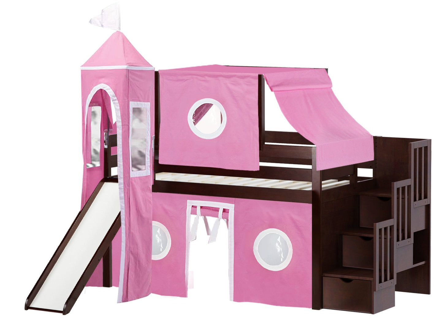 Princess Twin Low Loft Cherry Stairway Bed with Pink and White Tent and a Slide for only $598