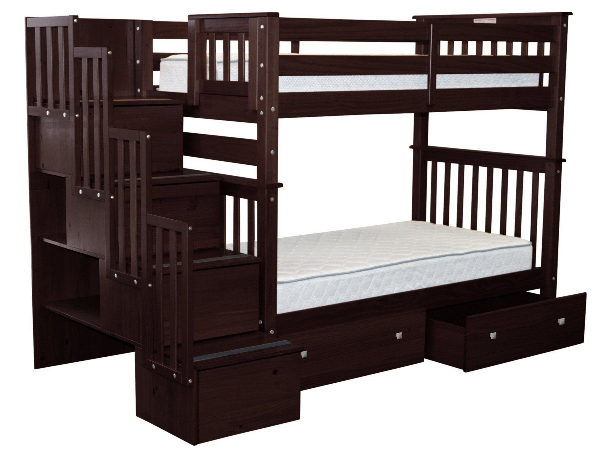 Bunk Bed Tall Twin over Twin Stairway Dark Cherry with Drawers for only $799