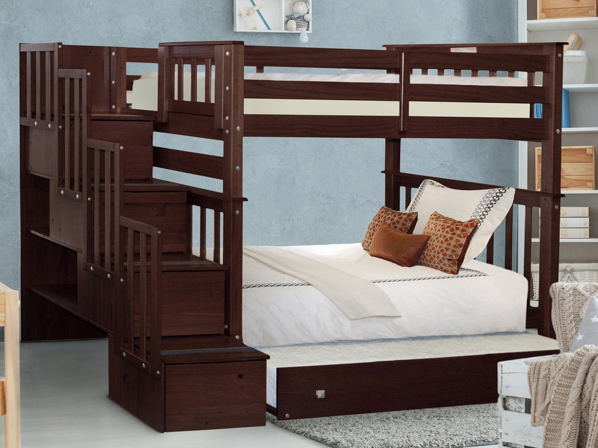 This Tall Twin over Twin Stairway Bunk Bed with a Trundle in Dark Cherry will look great in your Home