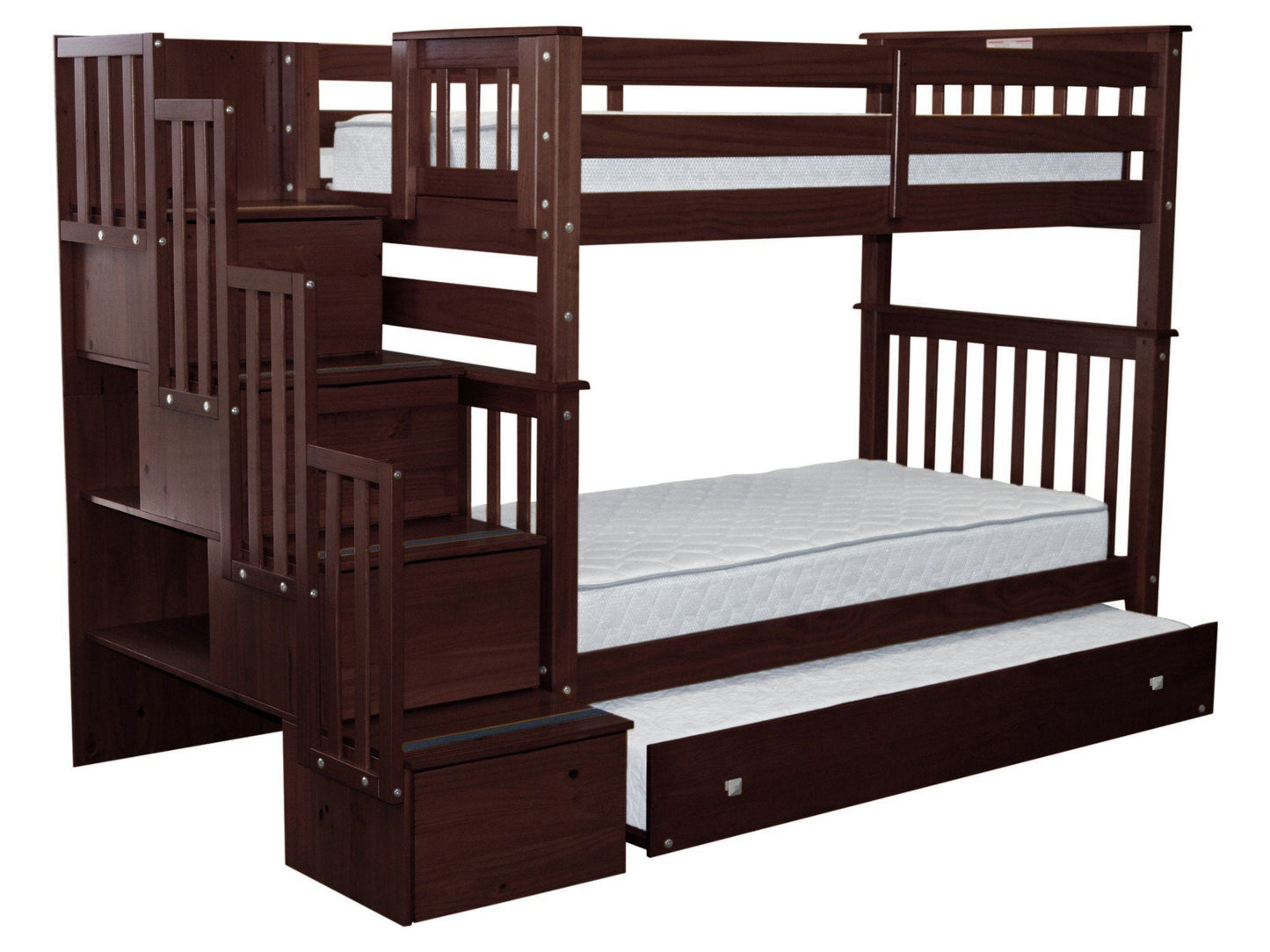 Bunk Bed Tall Twin over Twin Stairway Dark Cherry with Trundle for only $799