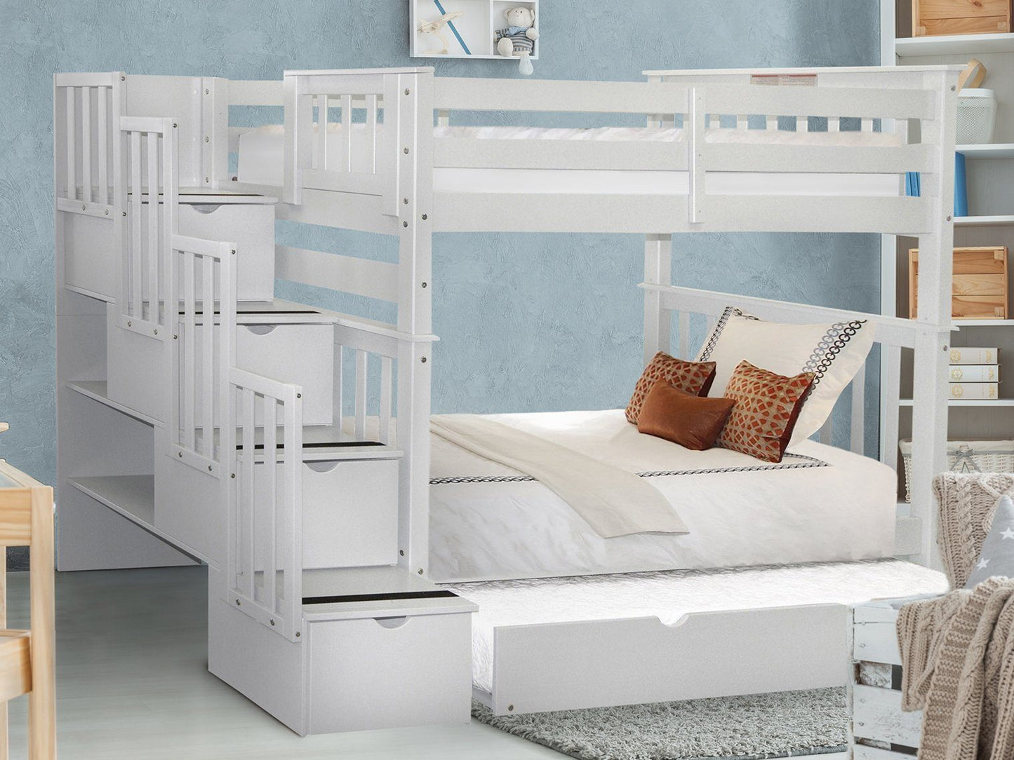 This Tall Twin over Twin Stairway Bunk Bed with a Trundle in White will look great in your Home