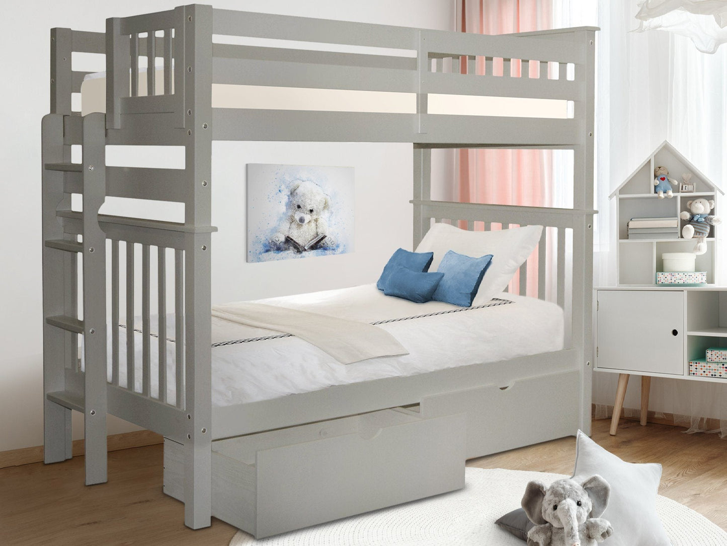 Bunk Bed Tall Twin over Twin End Ladder Gray with Drawers for only $689