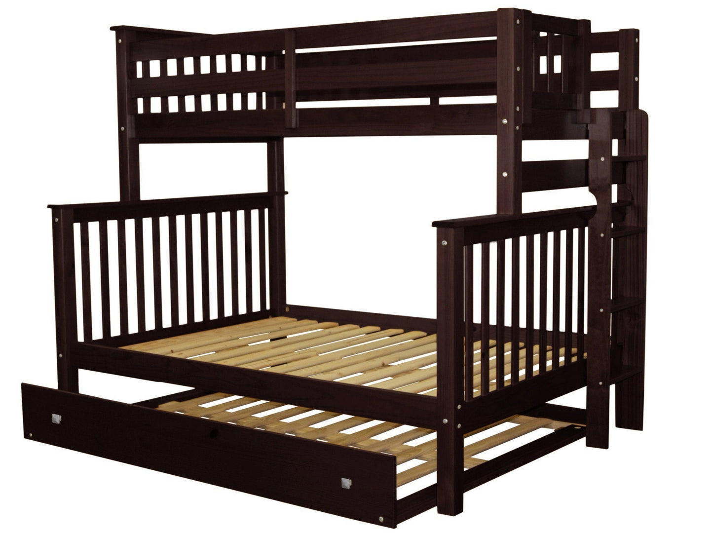 Twin over Full Bunk Bed Dark Cherry with End Ladder and Full Trundle