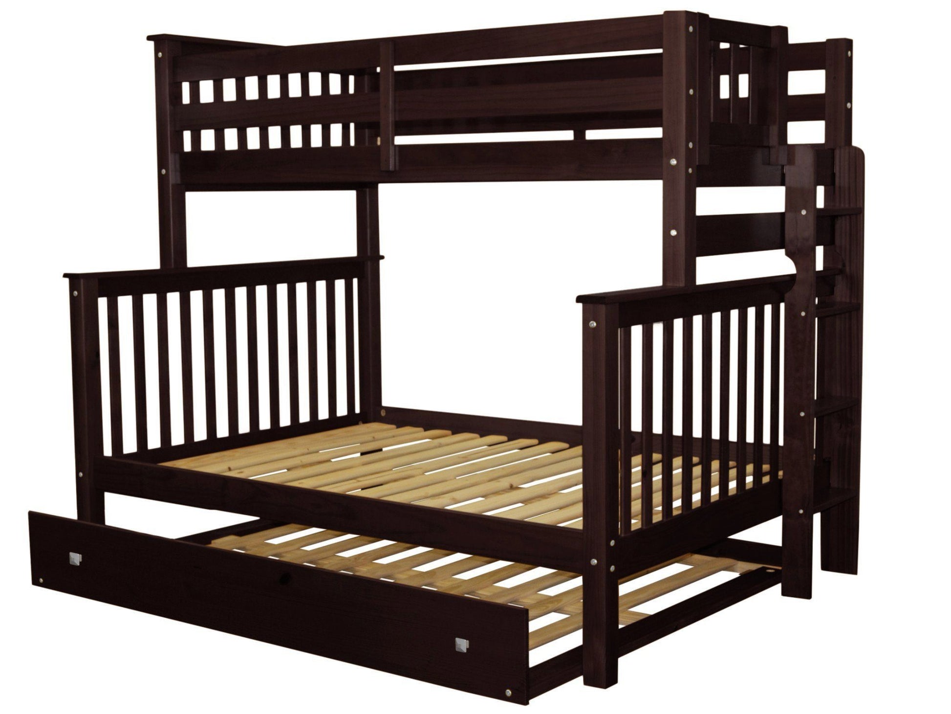 Twin over Full Bunk Bed Dark Cherry with End Ladder and Full Trundle