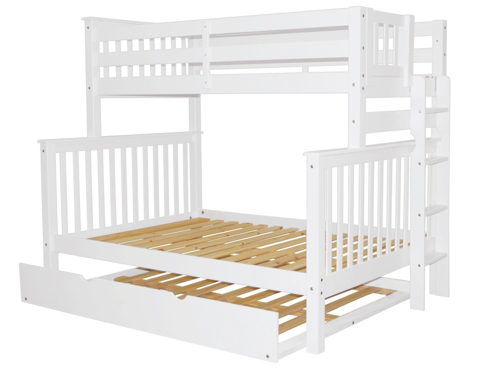 Twin over Full Bunk Bed White with End Ladder and Full Trundle