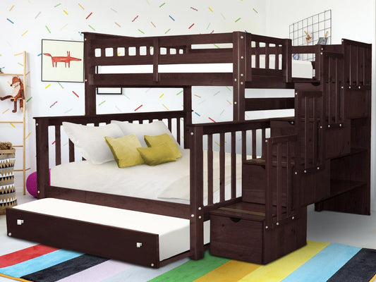 This Twin over Full Stairway Bunk Bed with a Full Trundle in Dark Cherry will look great in your home