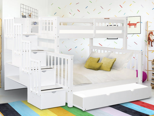 This Twin over Full Stairway Bunk Bed with a Twin Trundle in White will look great in your home