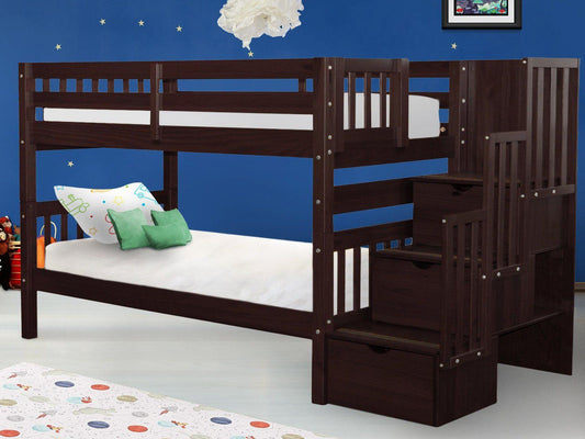 This Twin over Twin Stairway Bunk Bed in Dark Cherry will look great in your child's bedroom