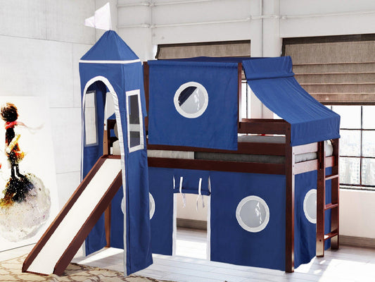 This Low Loft Castle Bed in Cherry with a Blue and White Tent will look great in your Home