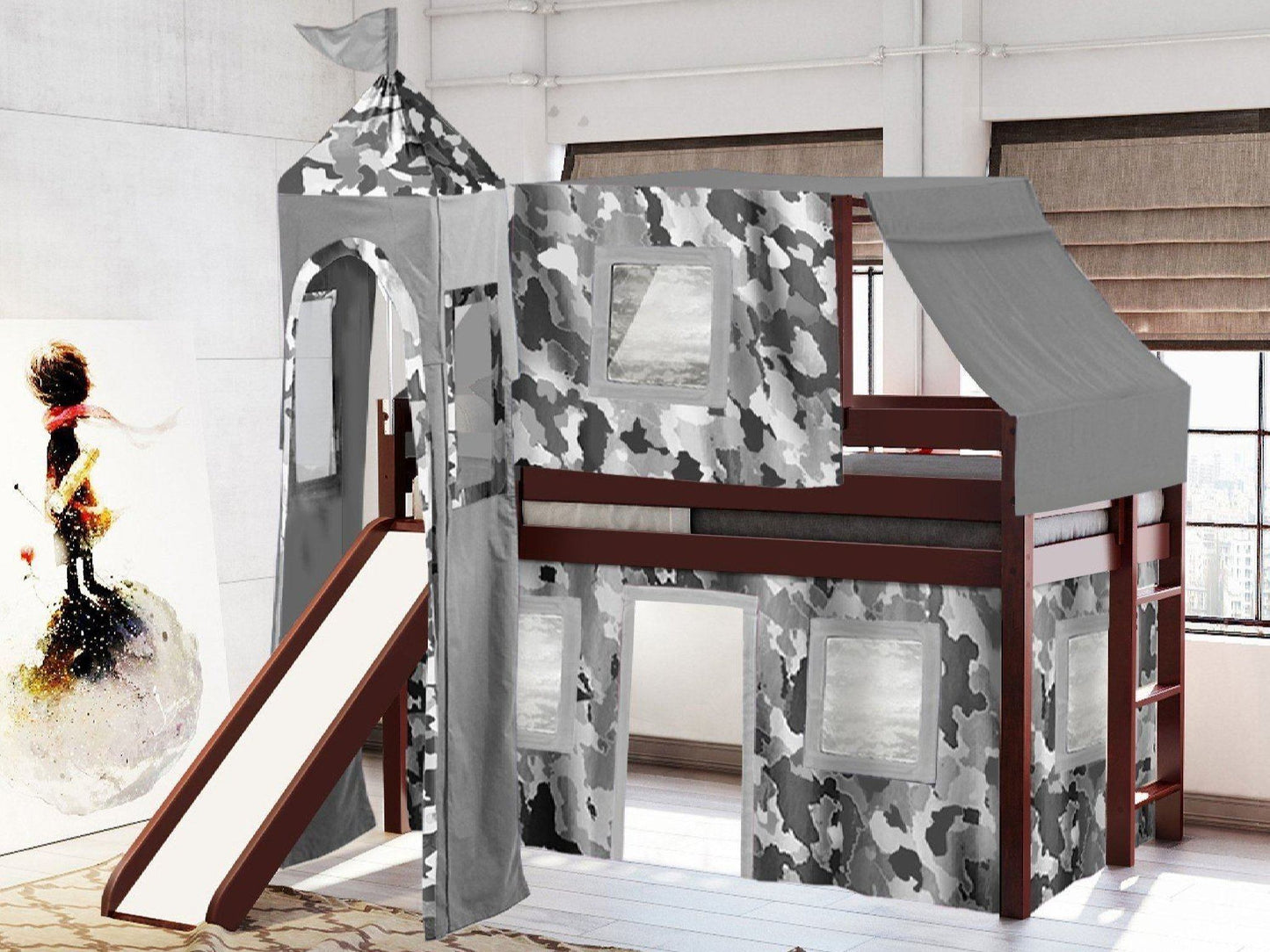 This Low Loft Castle Bed in Cherry with a Gray Camo Tent will look great in your Home