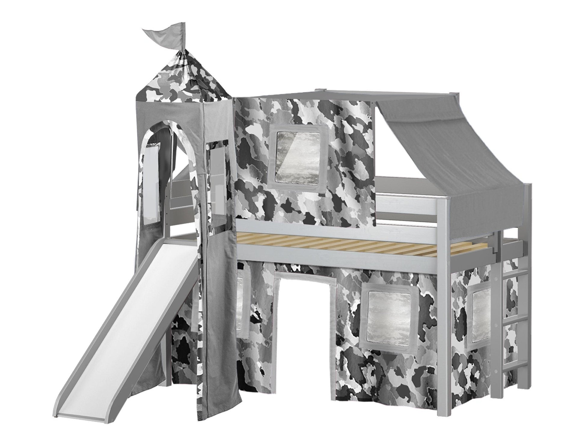 Castle Twin Low Loft Gray End Ladder Bed with a Gray Camo Tent and a Slide for only $399