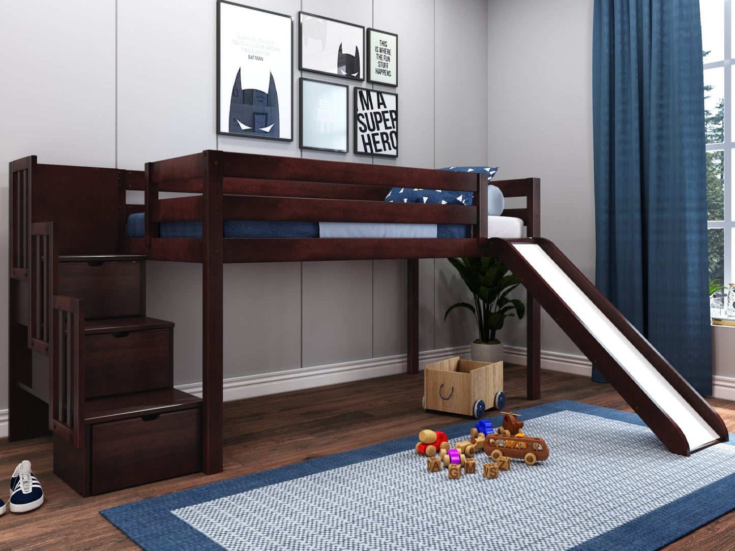 Low Loft Bed with Stairway and Slide in Cherry $448