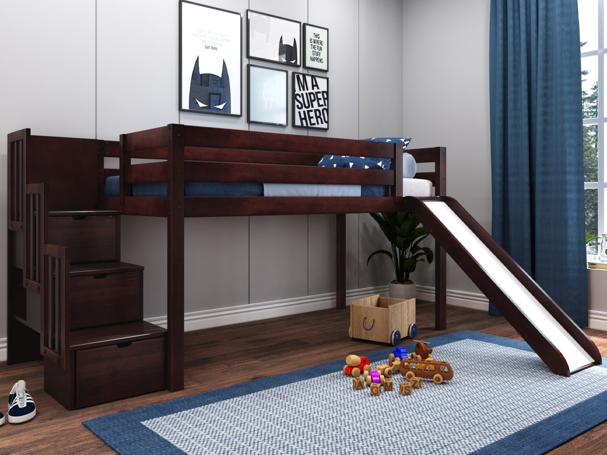 Low Loft Bed with Stairway and Slide in Cherry $448