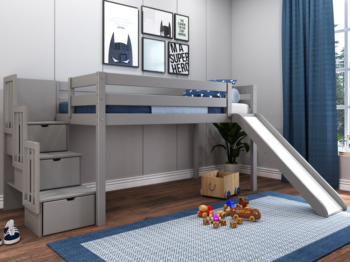 Low Loft Bed with Stairway and Slide in Gray $449