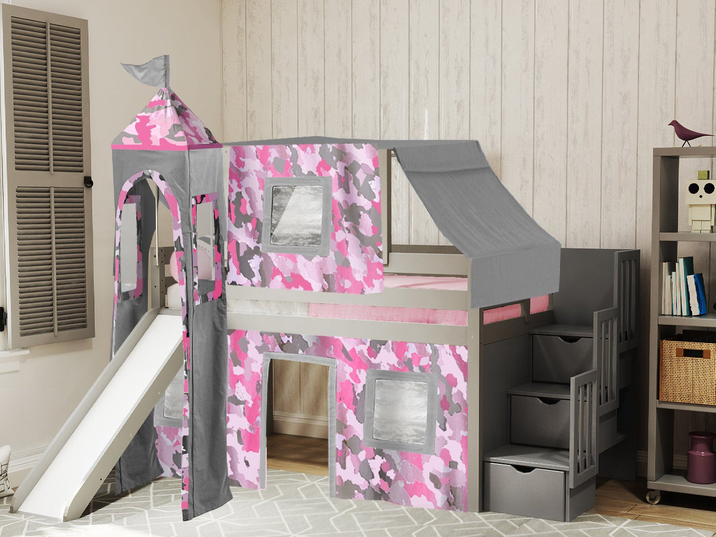 This Low Loft Princess Stairway Bed in Gray with a Pink Camo Tent will look great in your Home