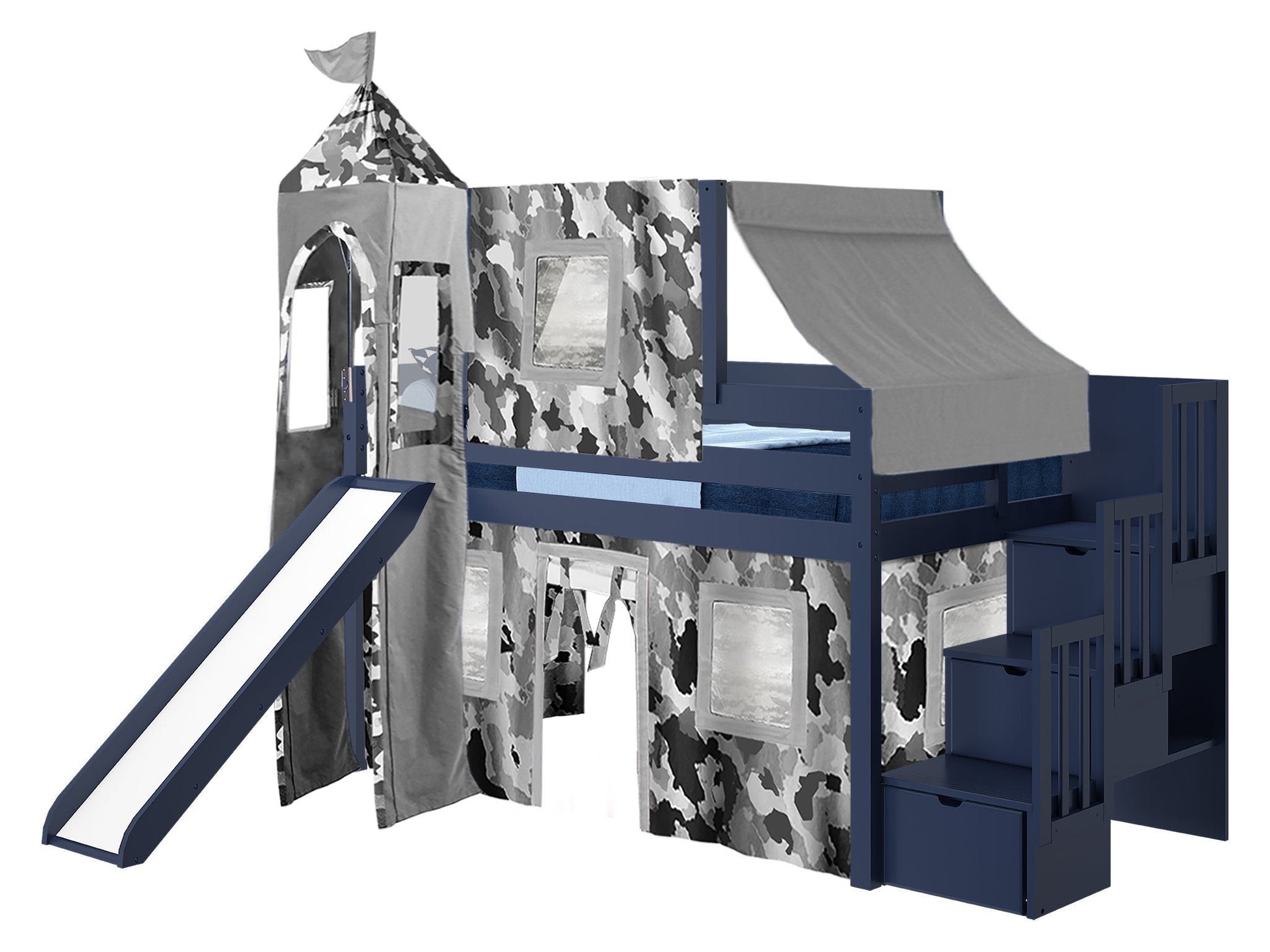 Castle Twin Low Loft Blue Stairway Bed with Gray Camo Tent and a Slide for only $698