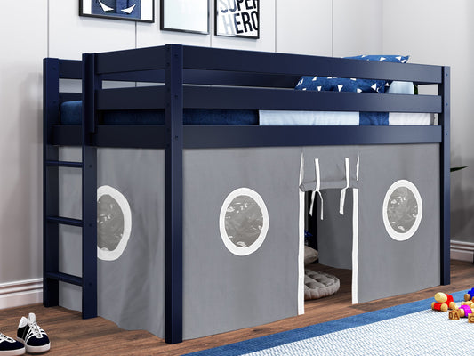 This Contemporary Low Loft Bed in Blue with a Gray & White Tent will look great in your Home