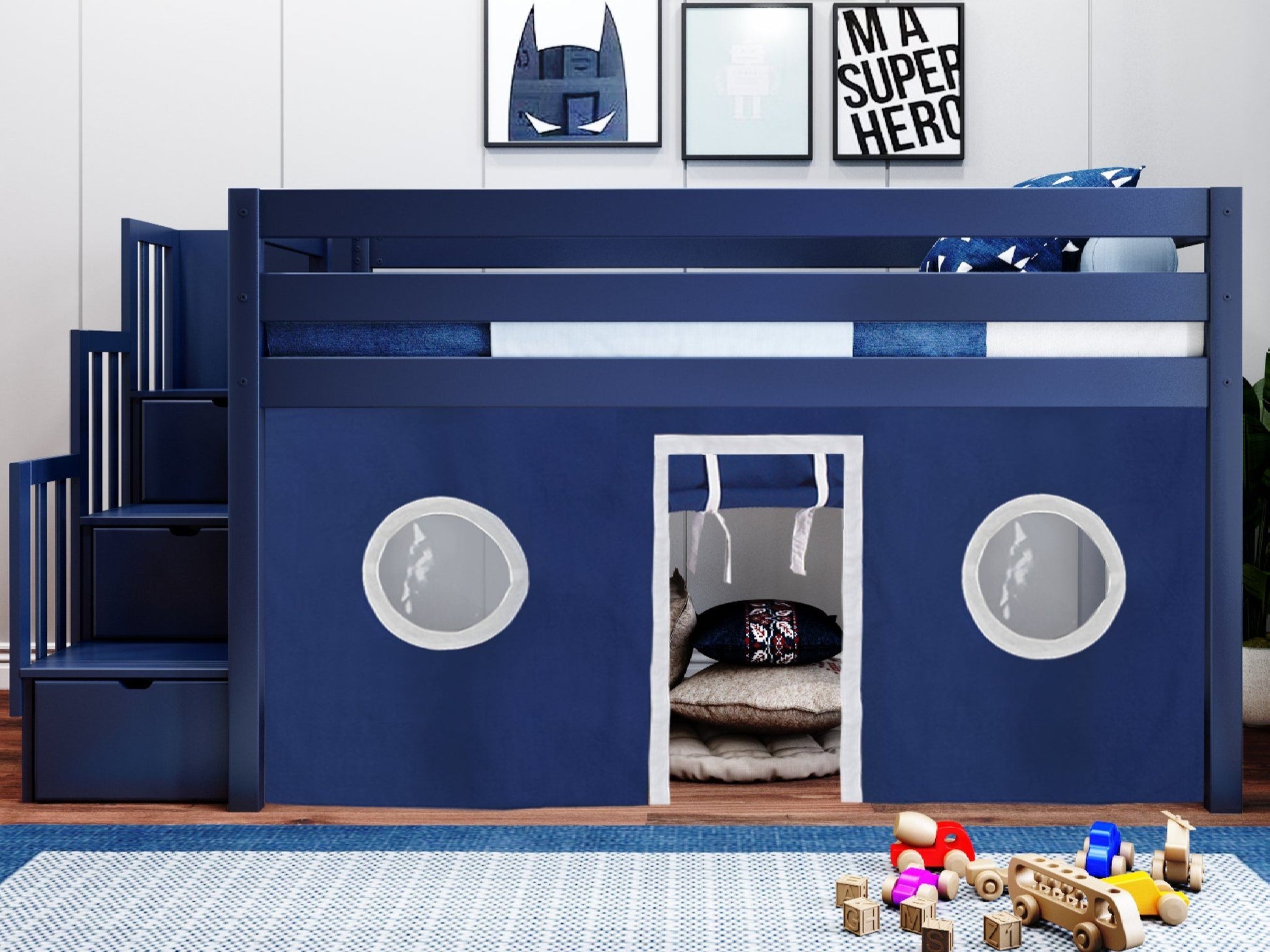 JACKPOT! Twin Low Loft Contemporary Bed with a Stairway, Blue with Blue & White Tent for only $579
