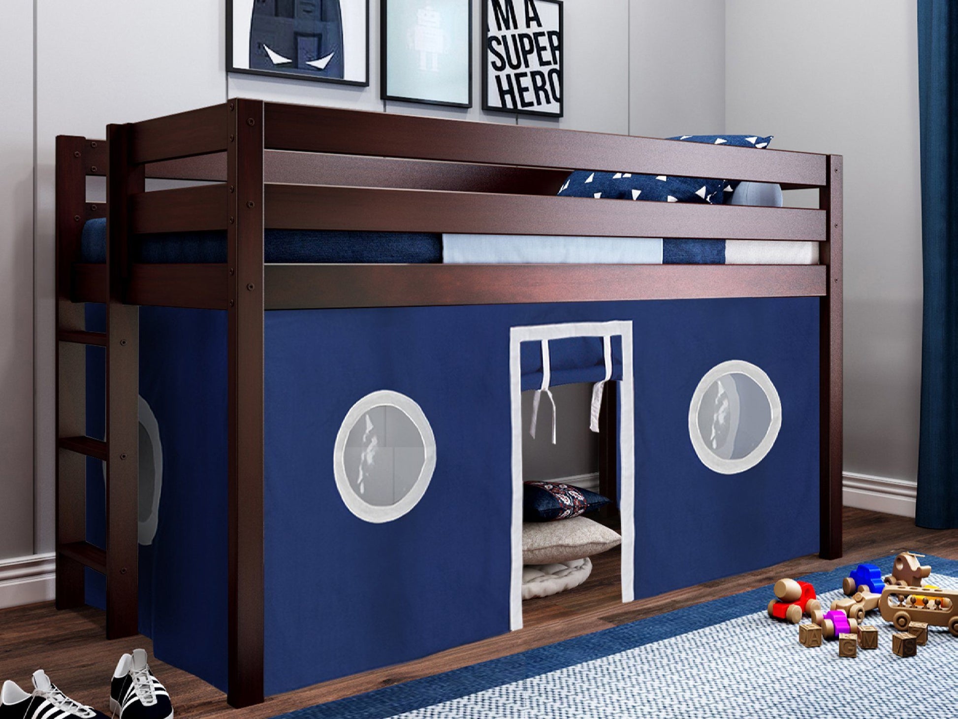 This Contemporary Low Loft Bed in Cherry with a Blue & White Tent will look great in your Home