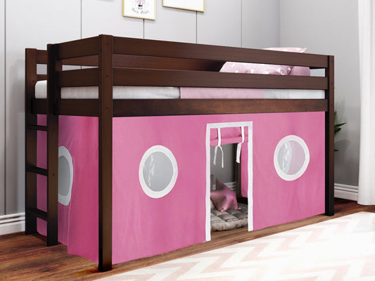 This Contemporary Low Loft Bed in Cherry with a Pink & White Tent will look great in your Home