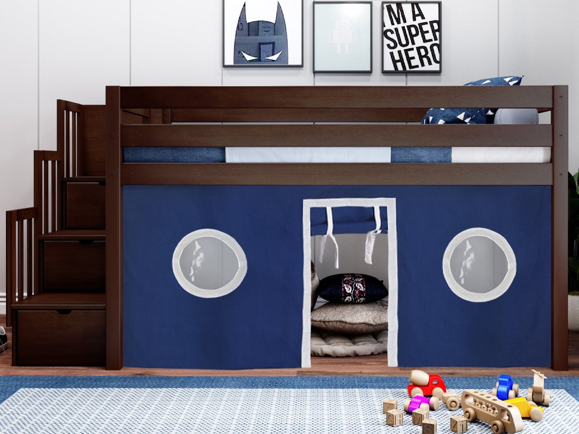 JACKPOT! Twin Low Loft Contemporary Bed with a Stairway, Cherry with Blue & White Tent for only $579