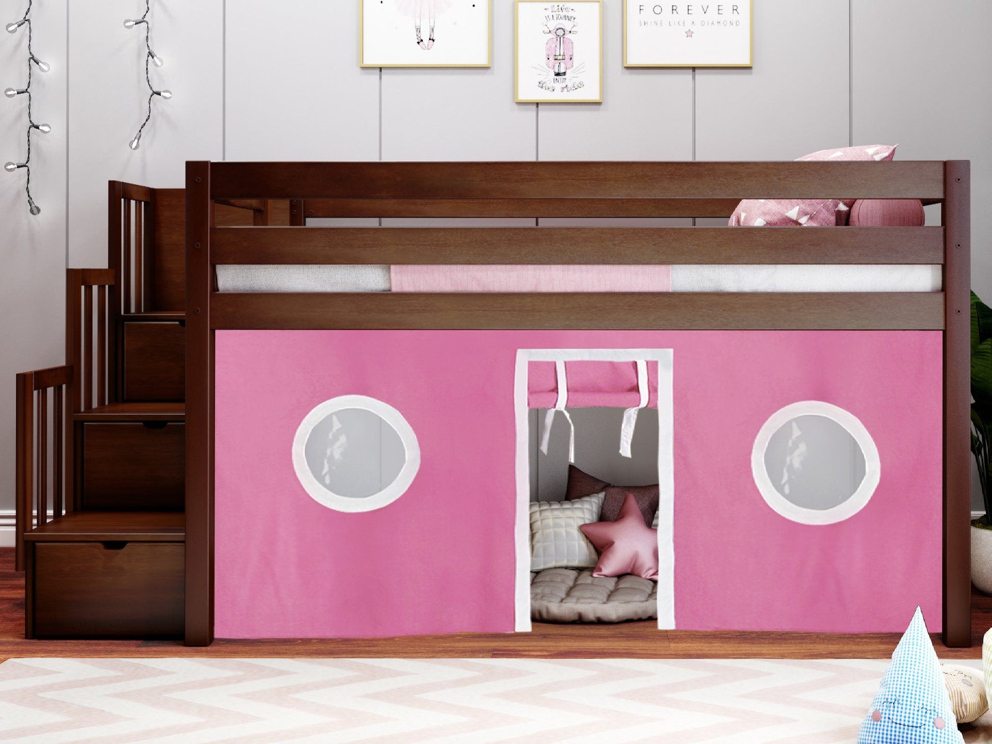 JACKPOT! Twin Low Loft Contemporary Bed with a Stairway, Cherry with Pink & White Tent for only $579