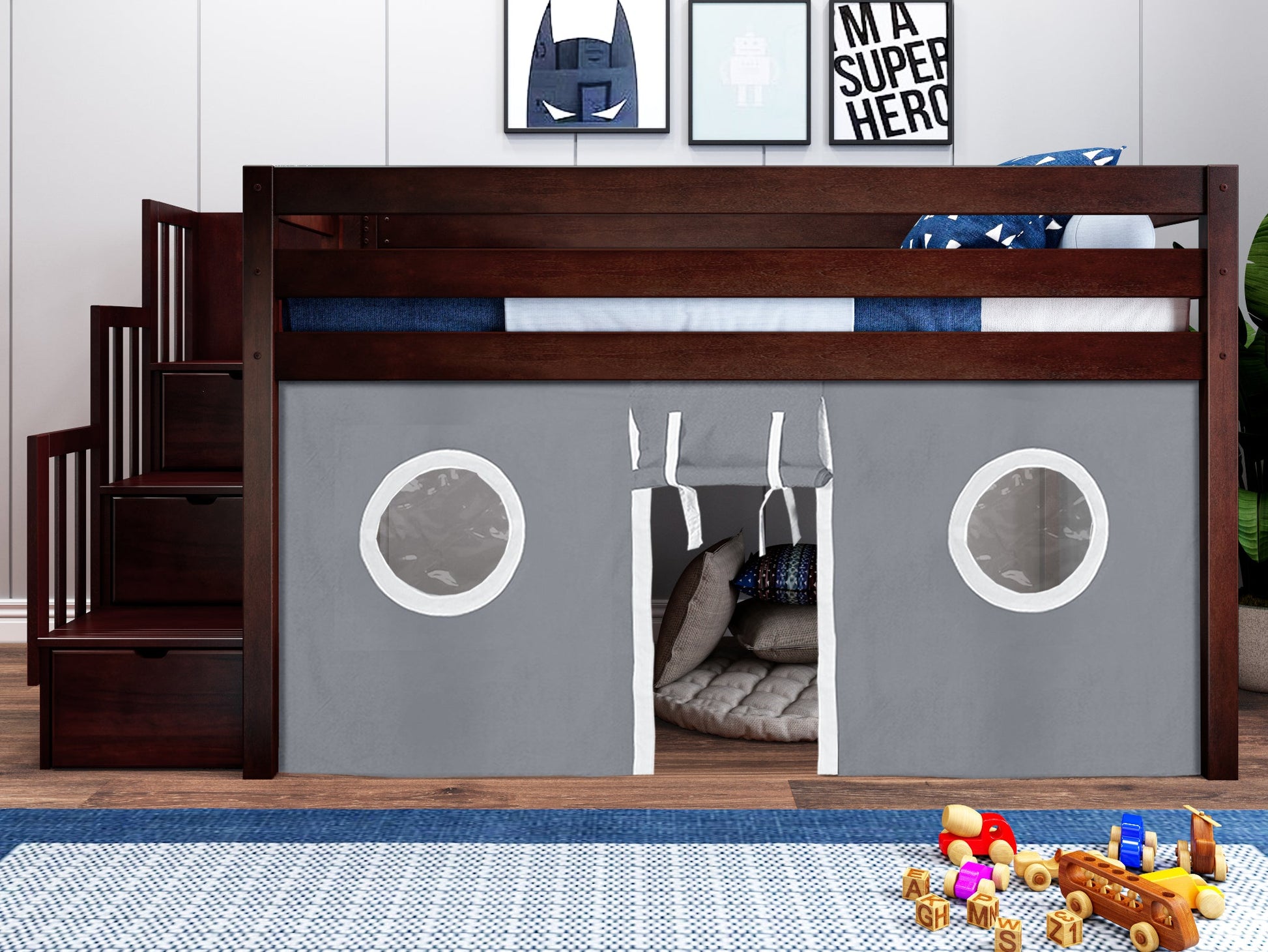 JACKPOT! Twin Low Loft Contemporary Bed with a Stairway, Cherry with Gray & White Tent for only $579