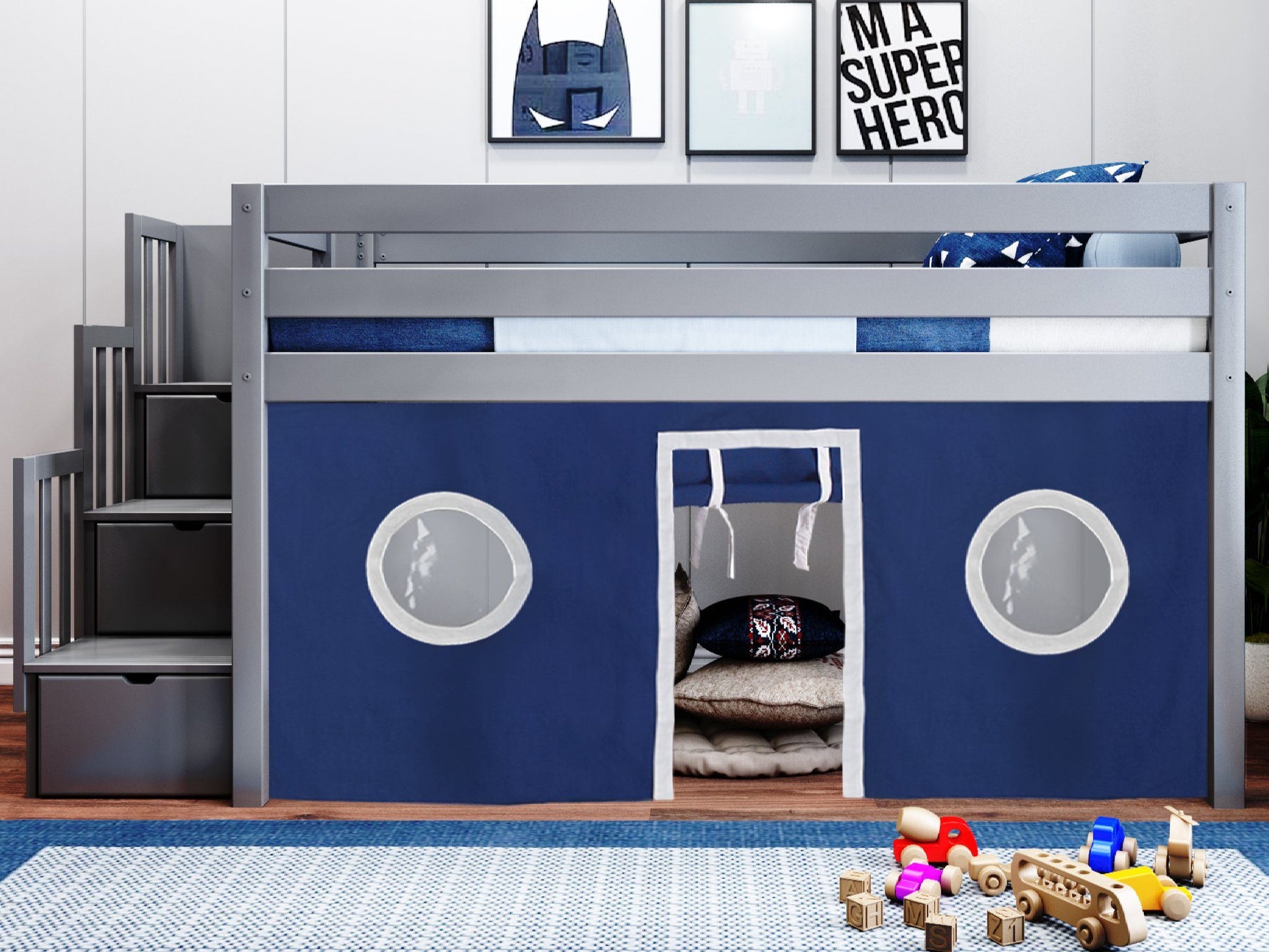 JACKPOT! Twin Low Loft Contemporary Bed with a Stairway, Gray with Blue & White Tent for only $579