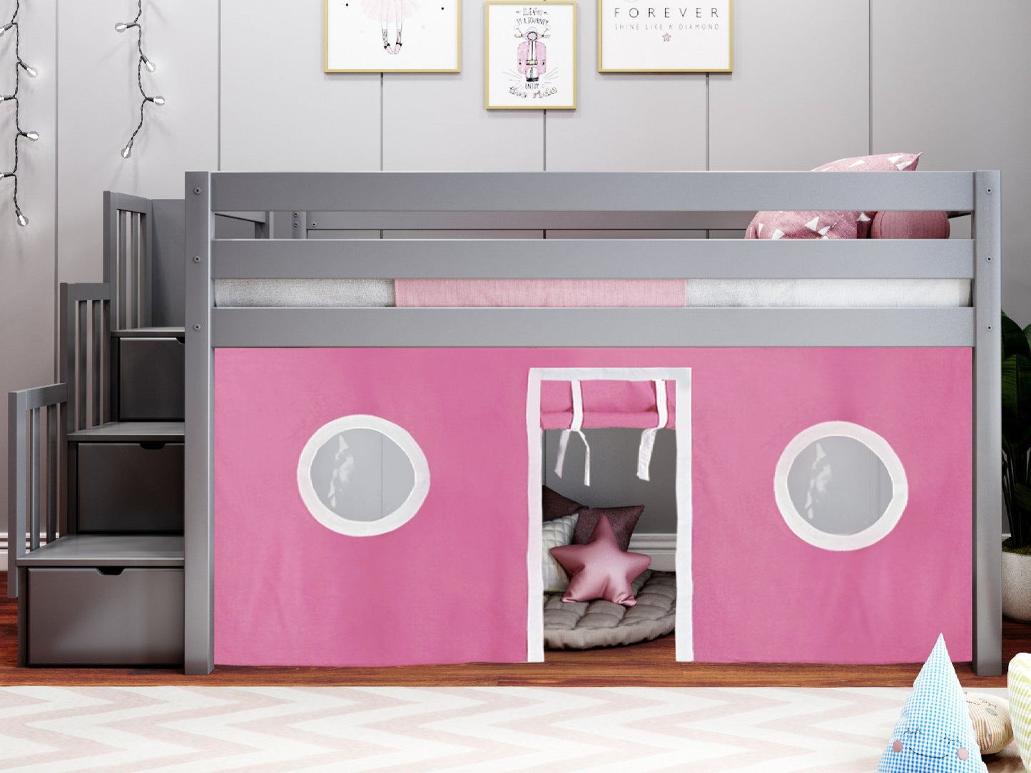 JACKPOT! Twin Low Loft Contemporary Bed with a Stairway, Gray with Pink & White Tent for only $579