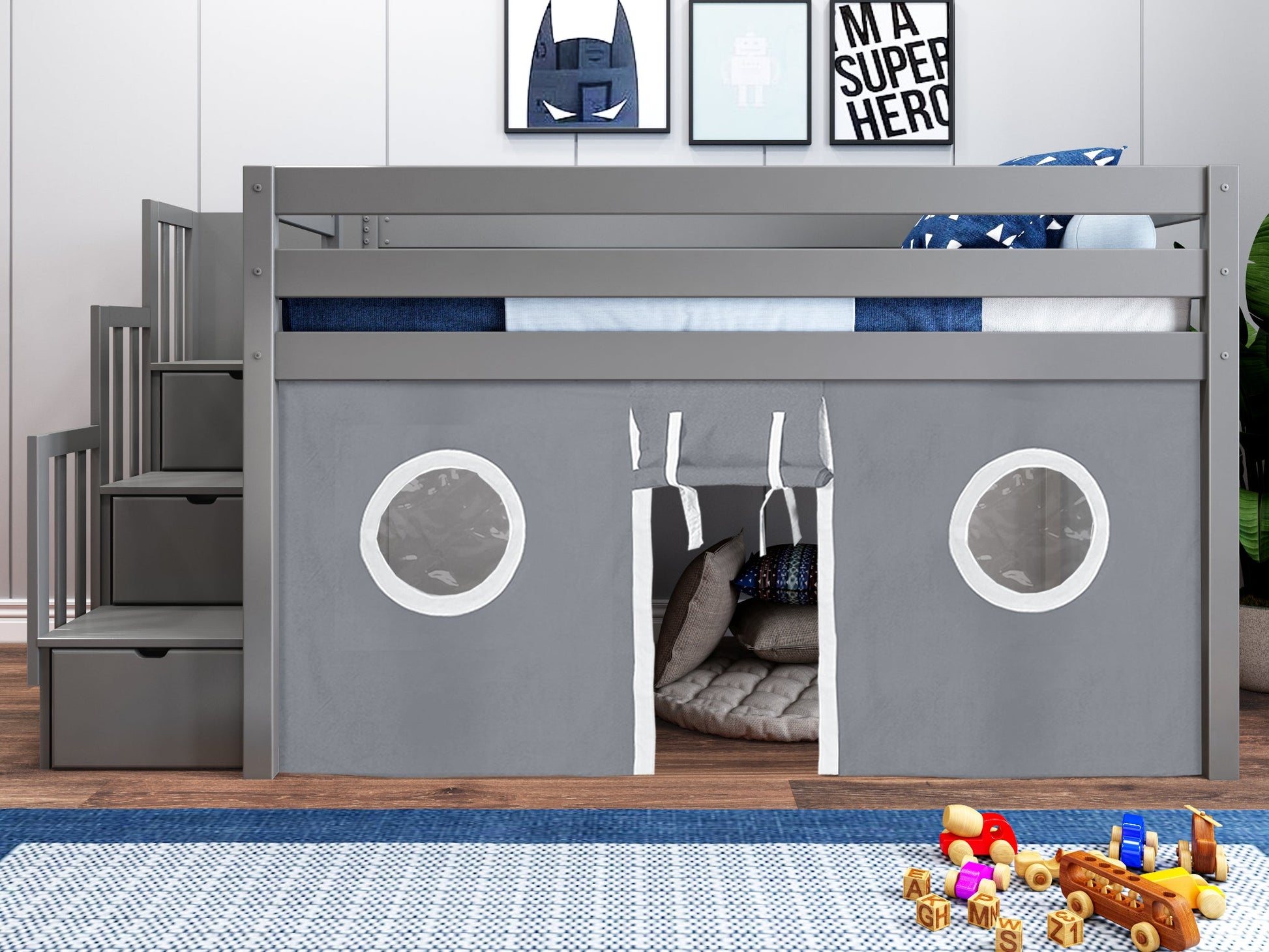 JACKPOT! Twin Low Loft Contemporary Bed with a Stairway, Gray with Gray & White Tent for only $579