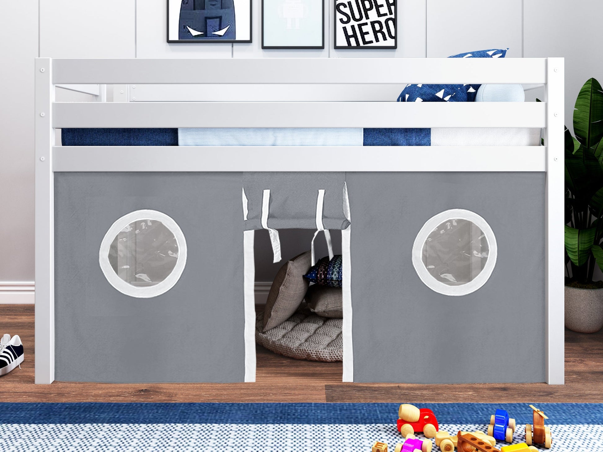 JACKPOT! Twin Low Loft Contemporary Bed with Ladder, White with Gray & White Tent for only $349
