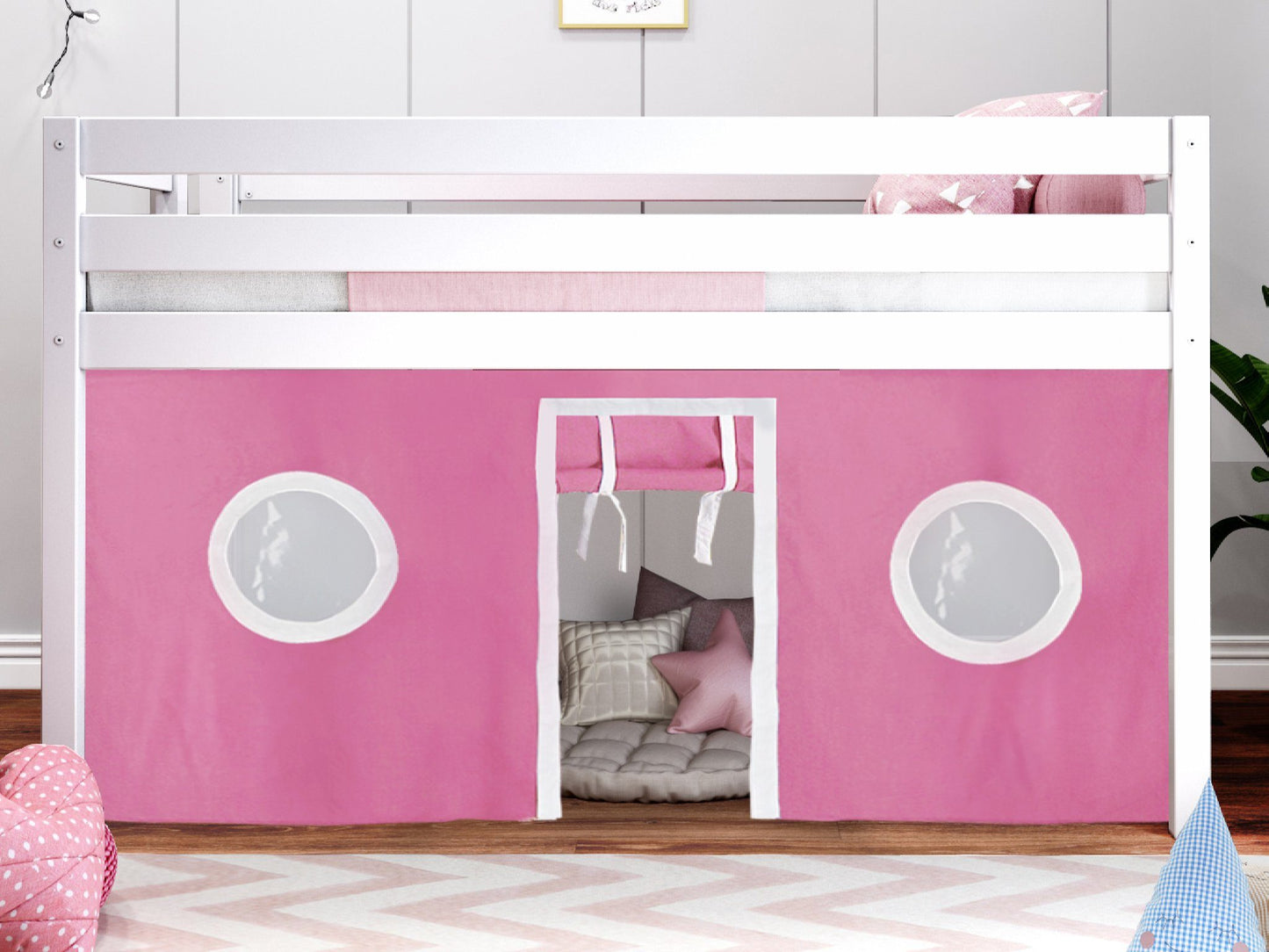 JACKPOT! Twin Low Loft Contemporary Bed with Ladder, White with Pink & White Tent for only $349