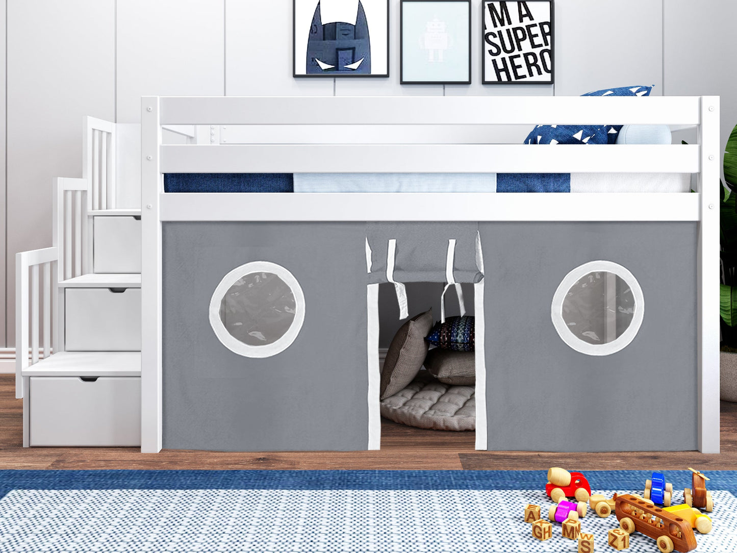 JACKPOT! Twin Low Loft Contemporary Bed with a Stairway, White with Gray & White Tent for only $579