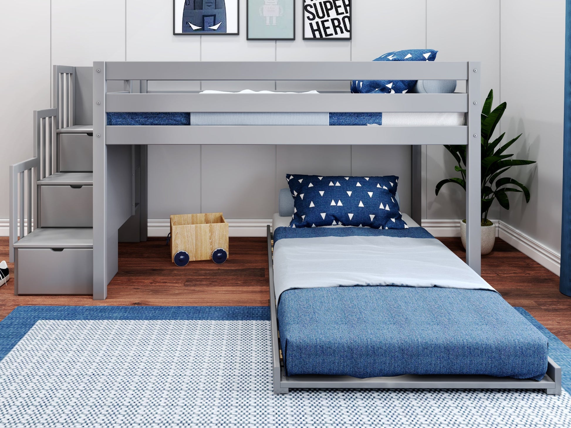 Twin Low Loft Bed with Stairway and Twin Under Bed in Gray $549